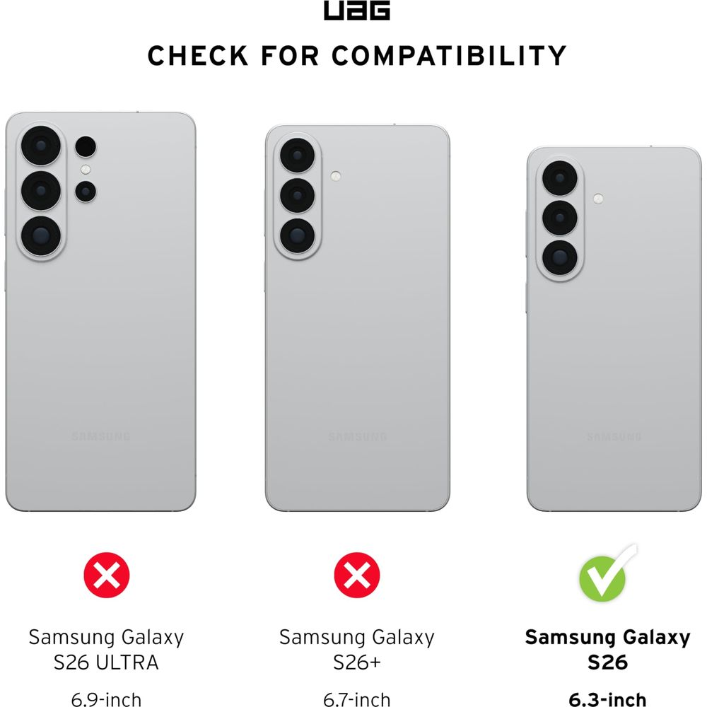 Drei Samsung Handys, S26 ULTRA, S26+ und S26, mit roten und grünen Symbolen.