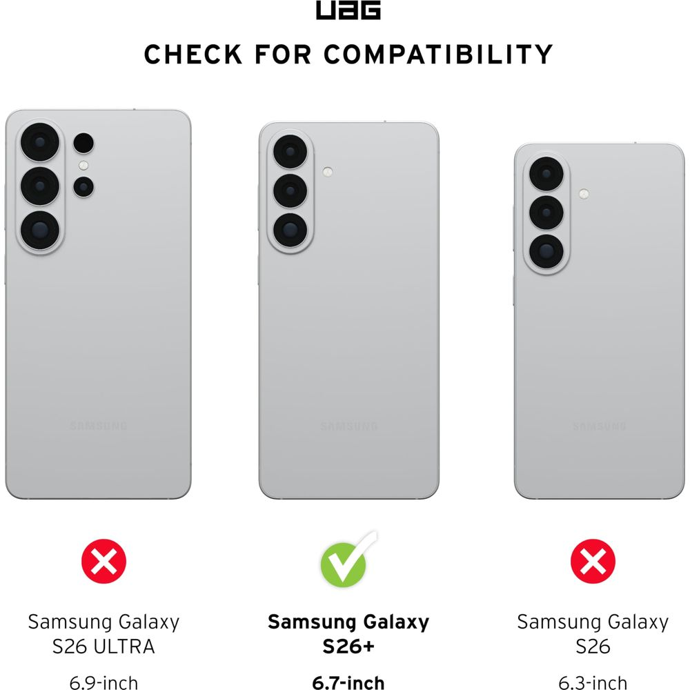 Drei Samsung Galaxy Handys, S26 ULTRA (X), S26+ (✓), S26 (X)