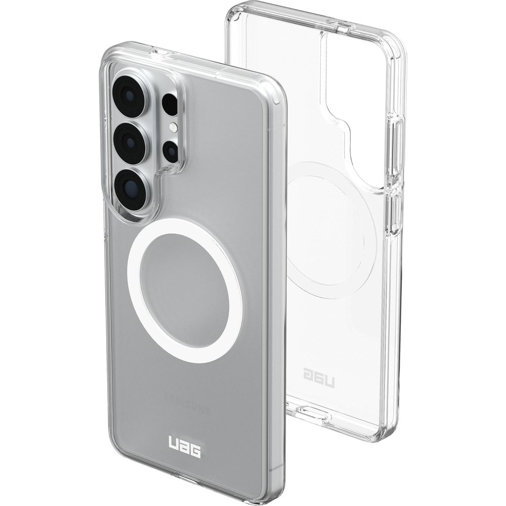 Transparente Handyhülle mit MagSafe-Ring, Kamera-Ausschnitt und Logo.