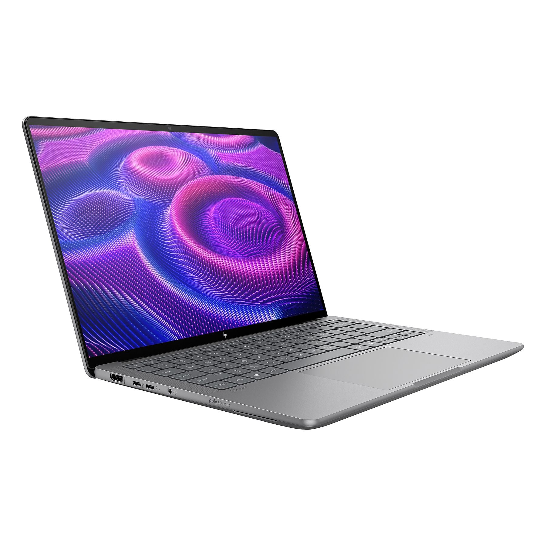 Un laptop argento con uno sfondo astratto viola e blu sul suo schermo.