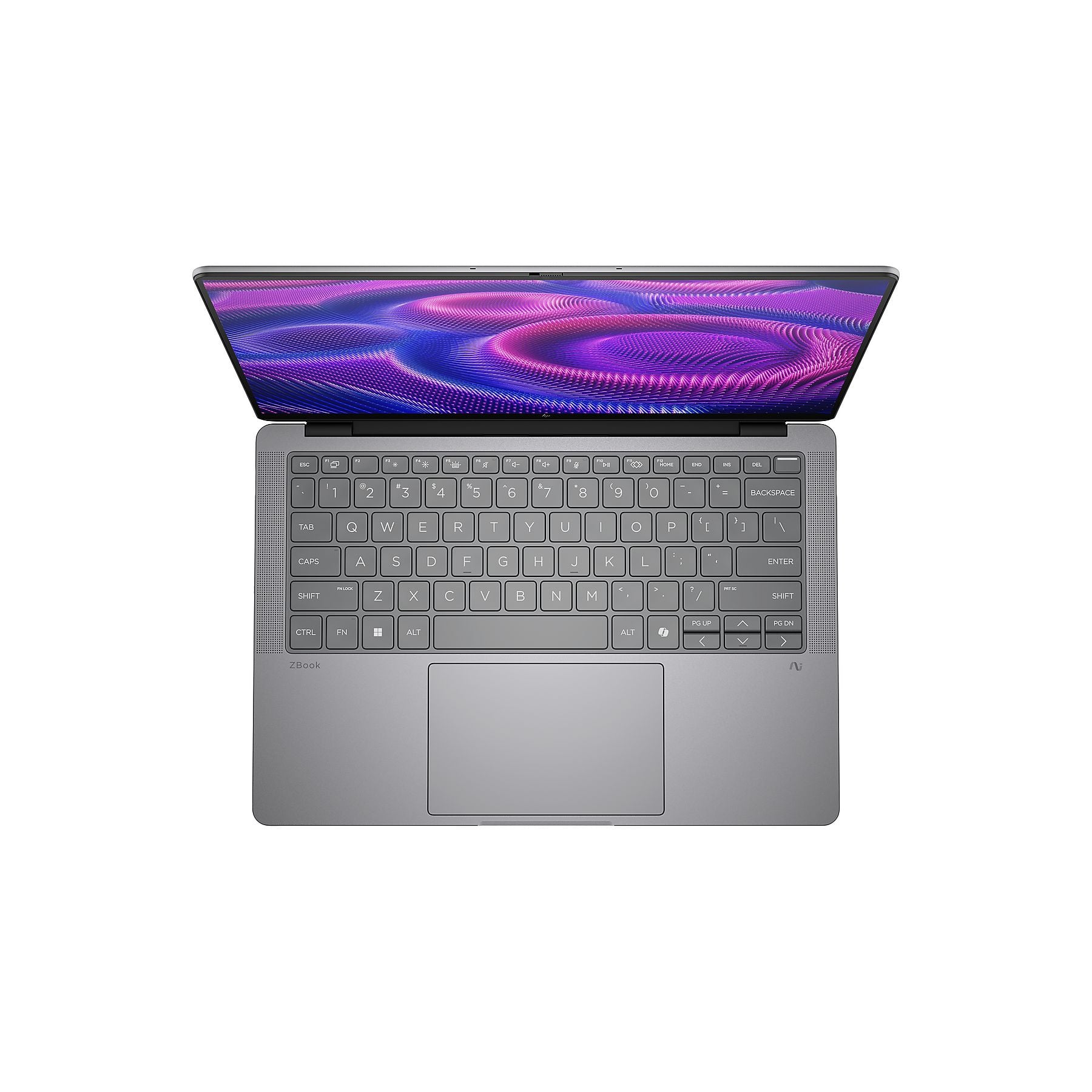 Un laptop grigio con lo schermo aperto, che mostra un motivo a onde viola.