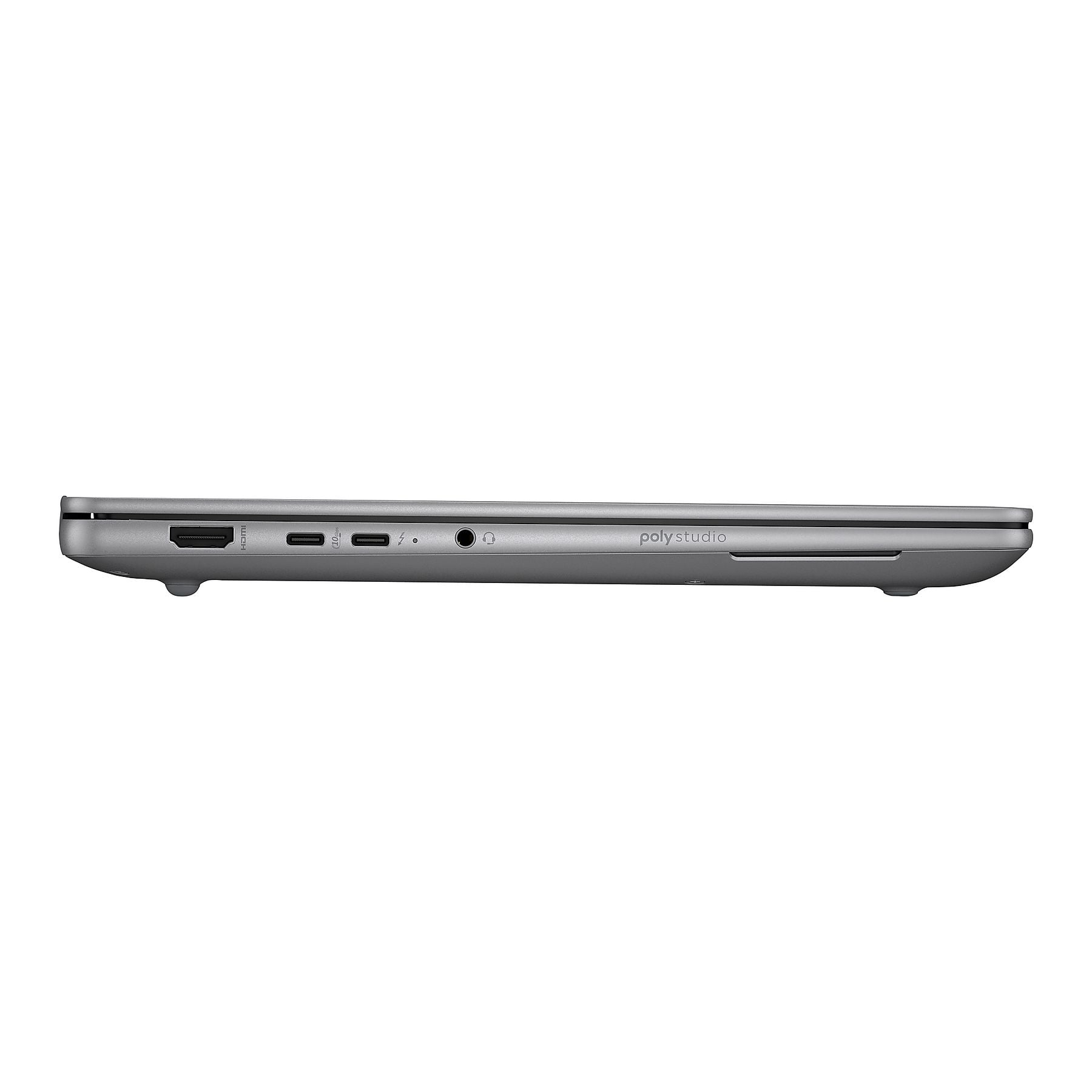 Laptop grigio Poly Studio con porte HDMI, USB-C e jack per cuffie.