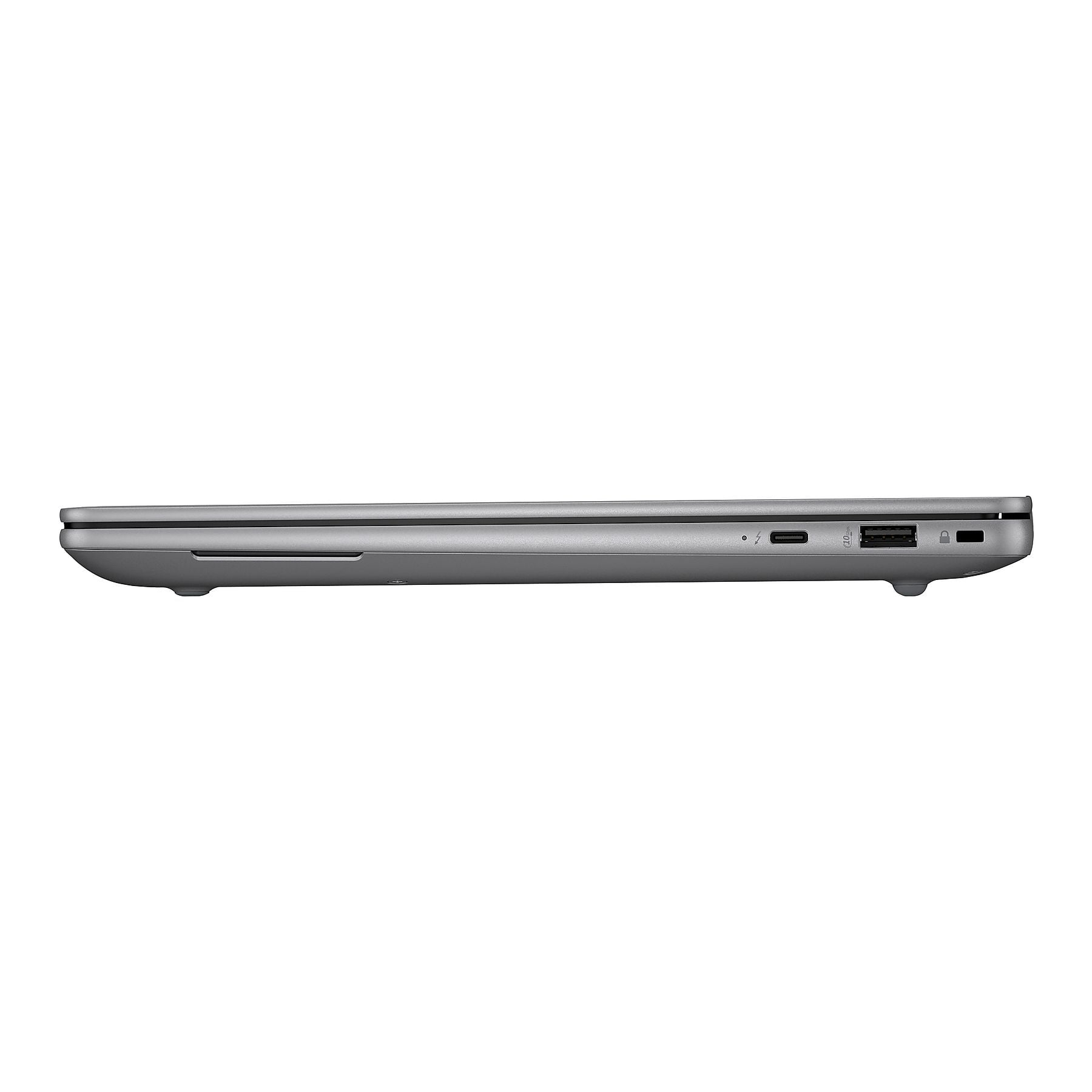 Laptop grigio chiuso, vista laterale con porte USB-C e USB-A.