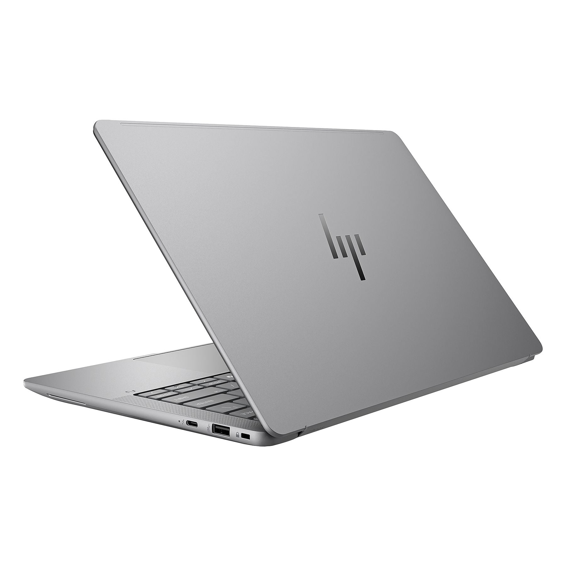 Un laptop HP argentato con coperchio aperto, logo sul retro.