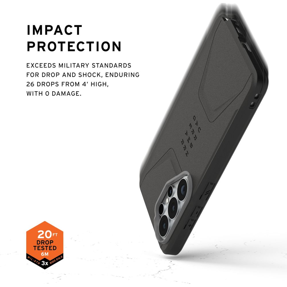 Eine dunkelgraue Handyhülle mit dem Text „IMPACT PROTECTION“ und Falltestinfos.