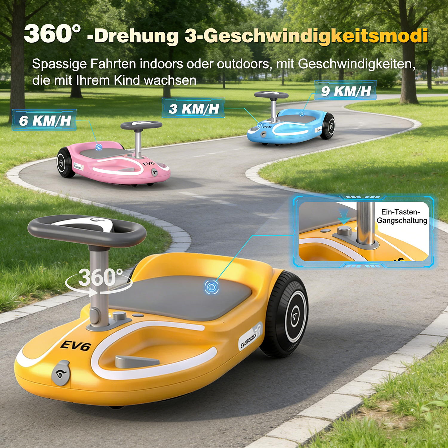 Drei bunte Elektro-Autos für Kinder auf einer Straße; gelb, rosa, blau. Optionen für Geschwindigkeit.