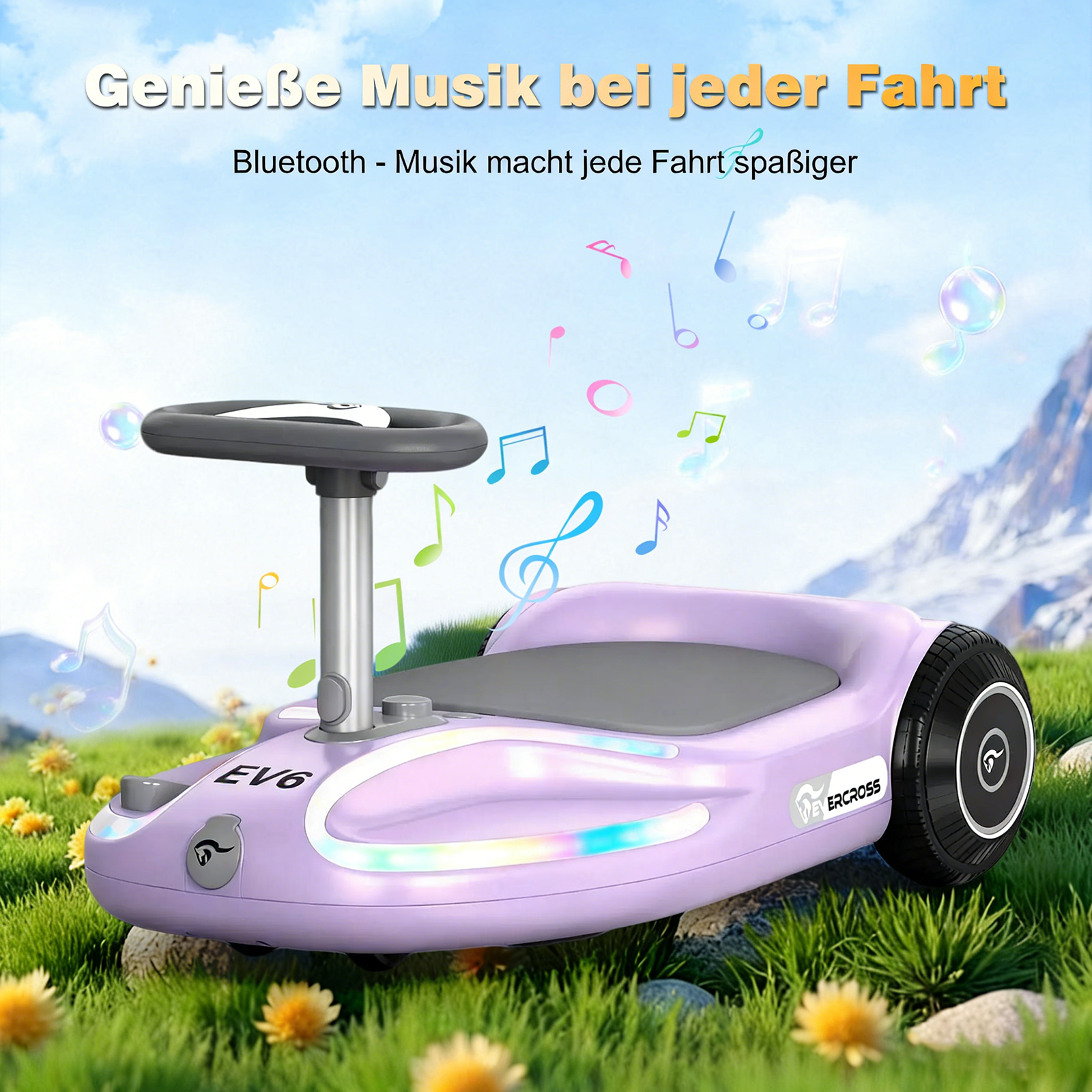 Ein lila Kinderfahrzeug mit Lenkrad und Lichtern steht im Gras.
