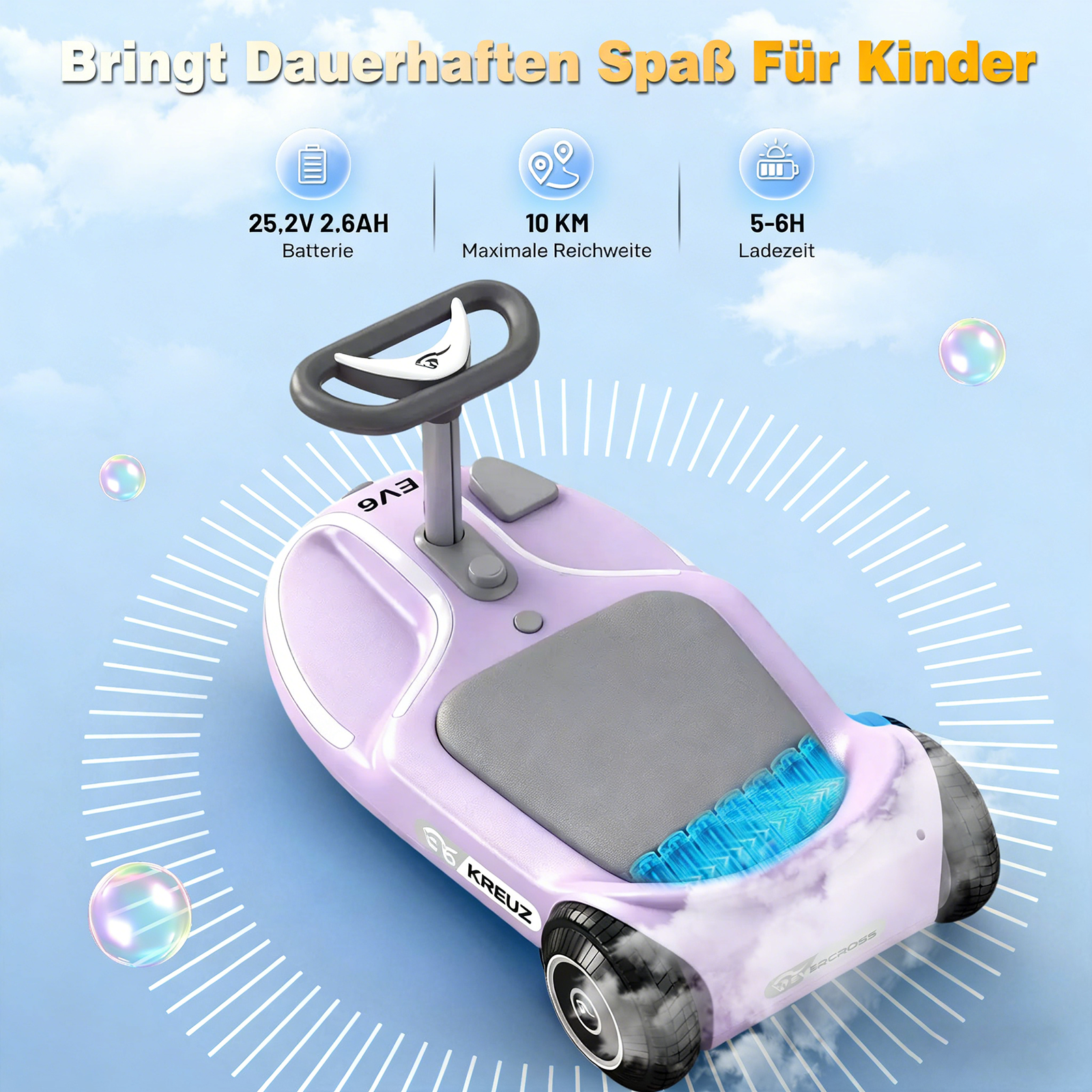 Ein lila Kinderfahrzeug mit Lenkrad und Sitz. Spezifikationen sind sichtbar.