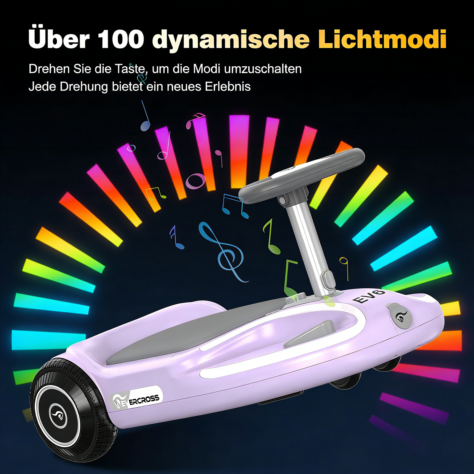 Ein lilafarbenes Hoverboard mit Lenker, umgeben von bunten Lichtern und Noten.