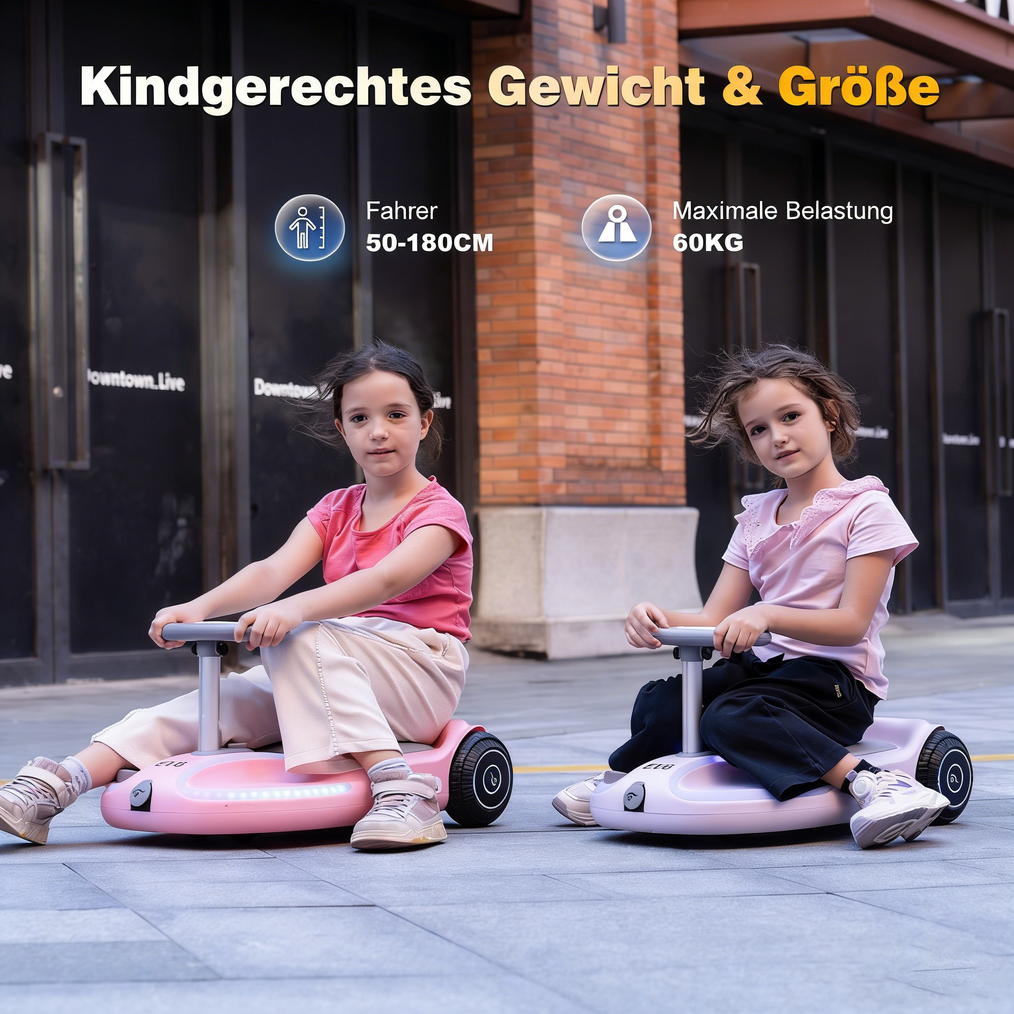 Zwei Mädchen fahren bunte Elektro-Roller mit Lichtern. Text gibt Fahrergröße und Belastung an.