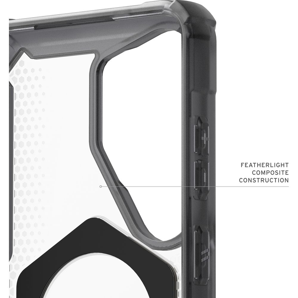Transparente Handyhülle mit schwarzem Rahmen und Tasten.