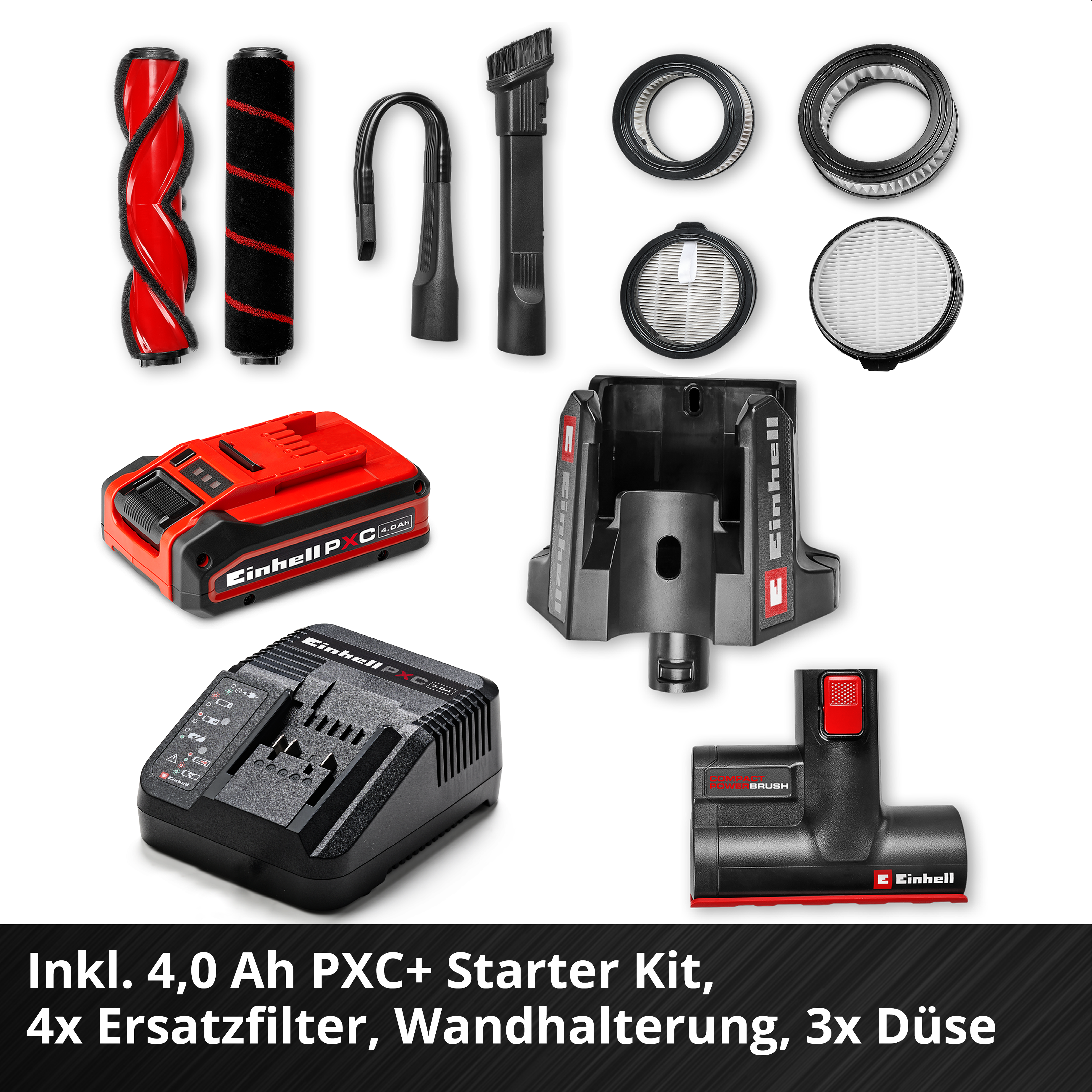 Einhell Akku-Set mit Ladegerät, Bürsten, Filtern, Wandhalterung und Düsen.