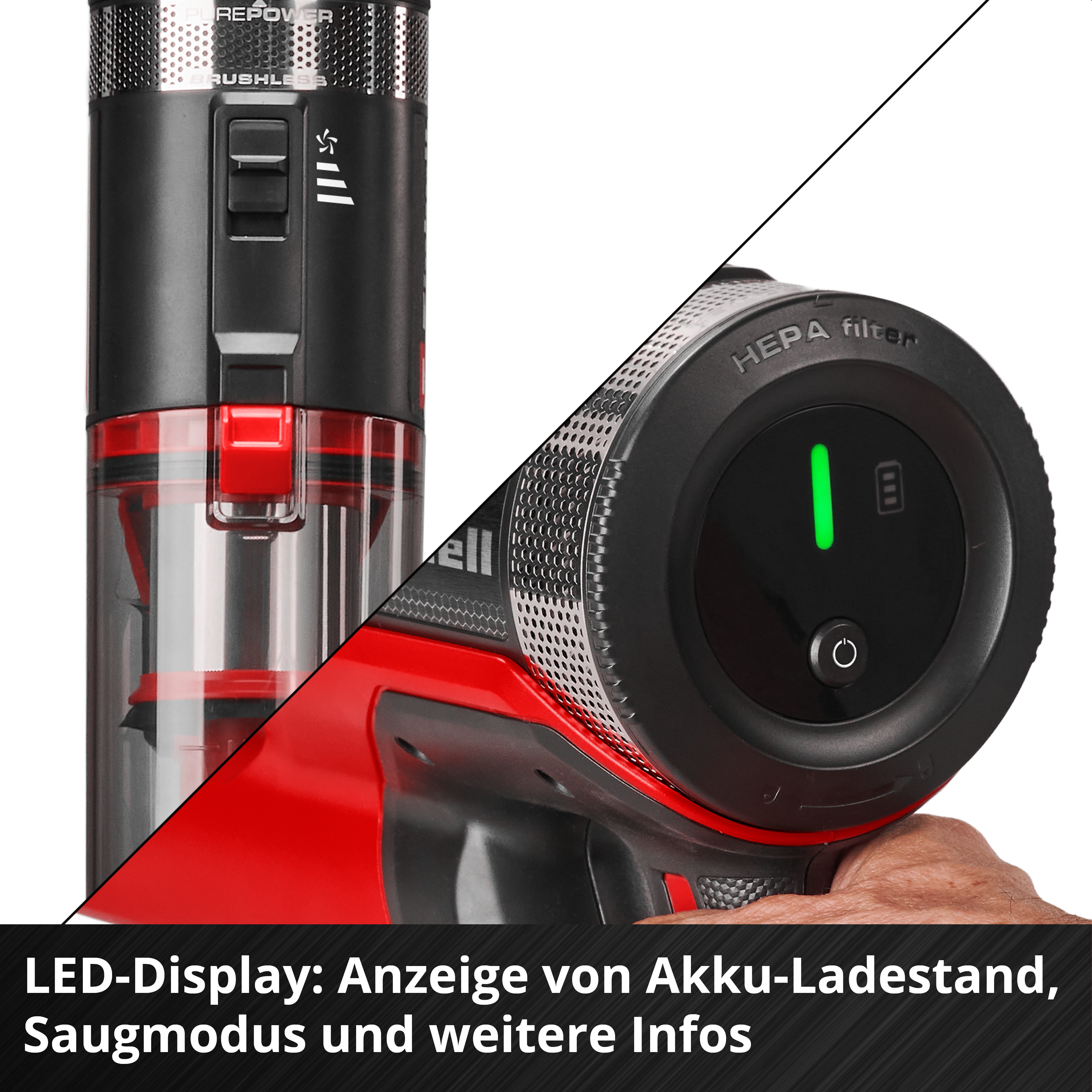 Nahaufnahme eines roten und schwarzen Staubsaugers mit LED-Anzeige.