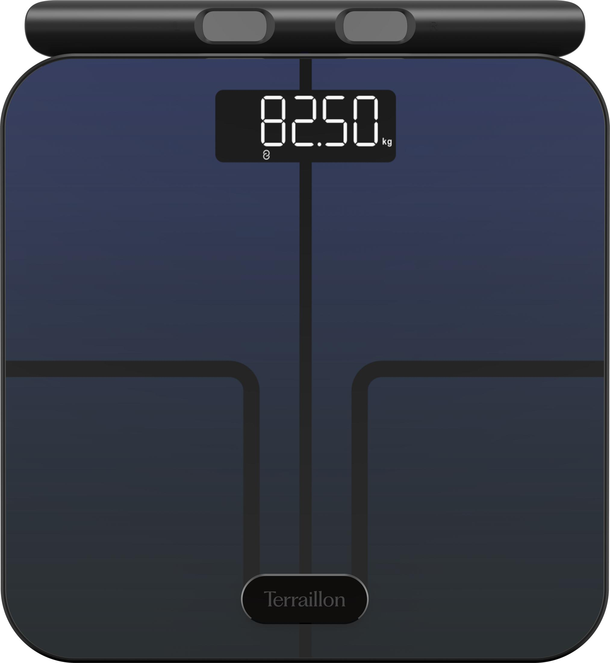 Eine dunkle digitale Waage mit der Anzeige 82,50 kg.