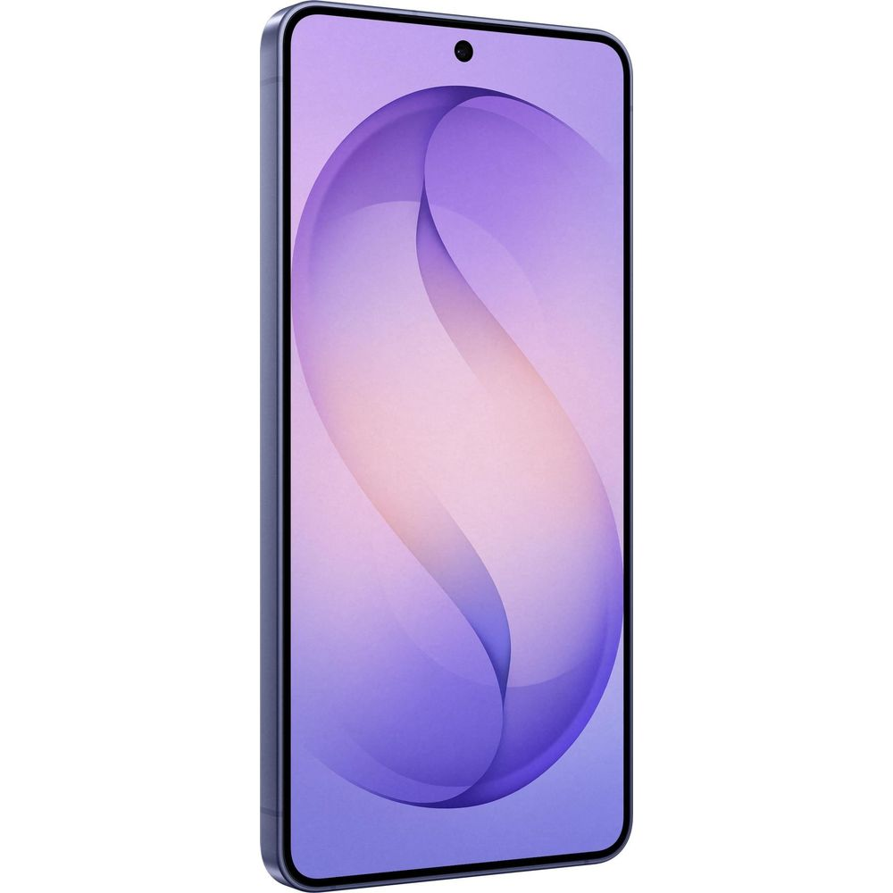 Un smartphone moderno con marco azul y fondo de pantalla morado.