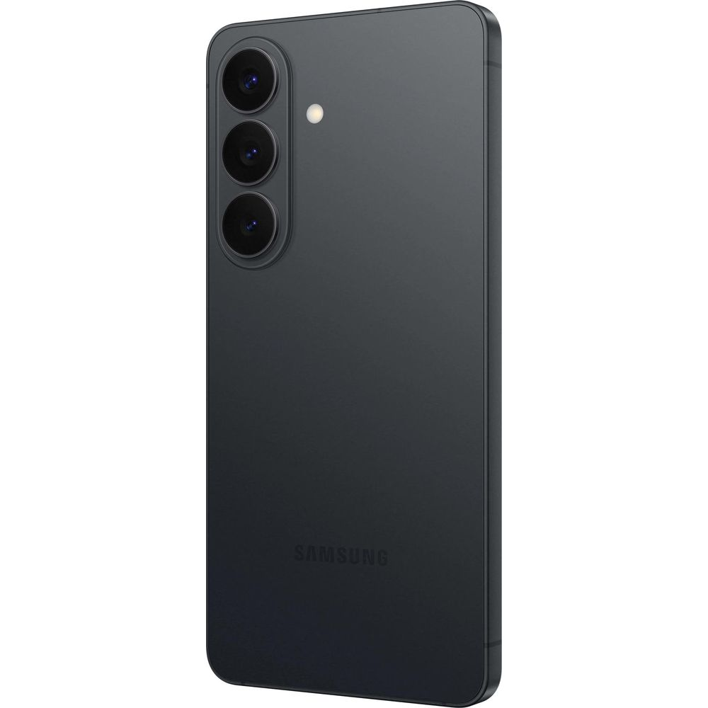 Rückseite eines dunklen Samsung-Smartphones mit drei Kameras und Blitz.