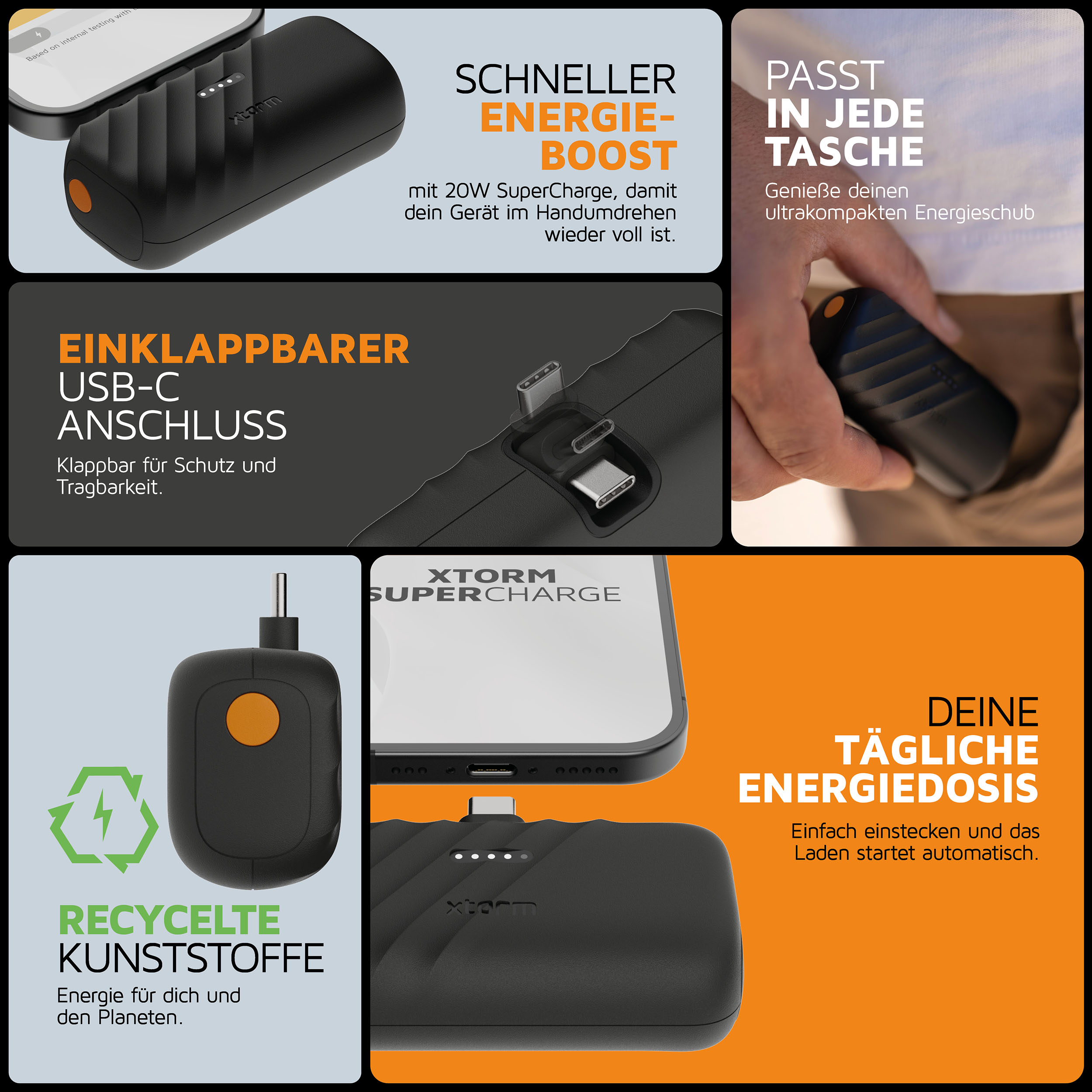 Étui de chargement noir avec bouton orange pour une charge rapide.