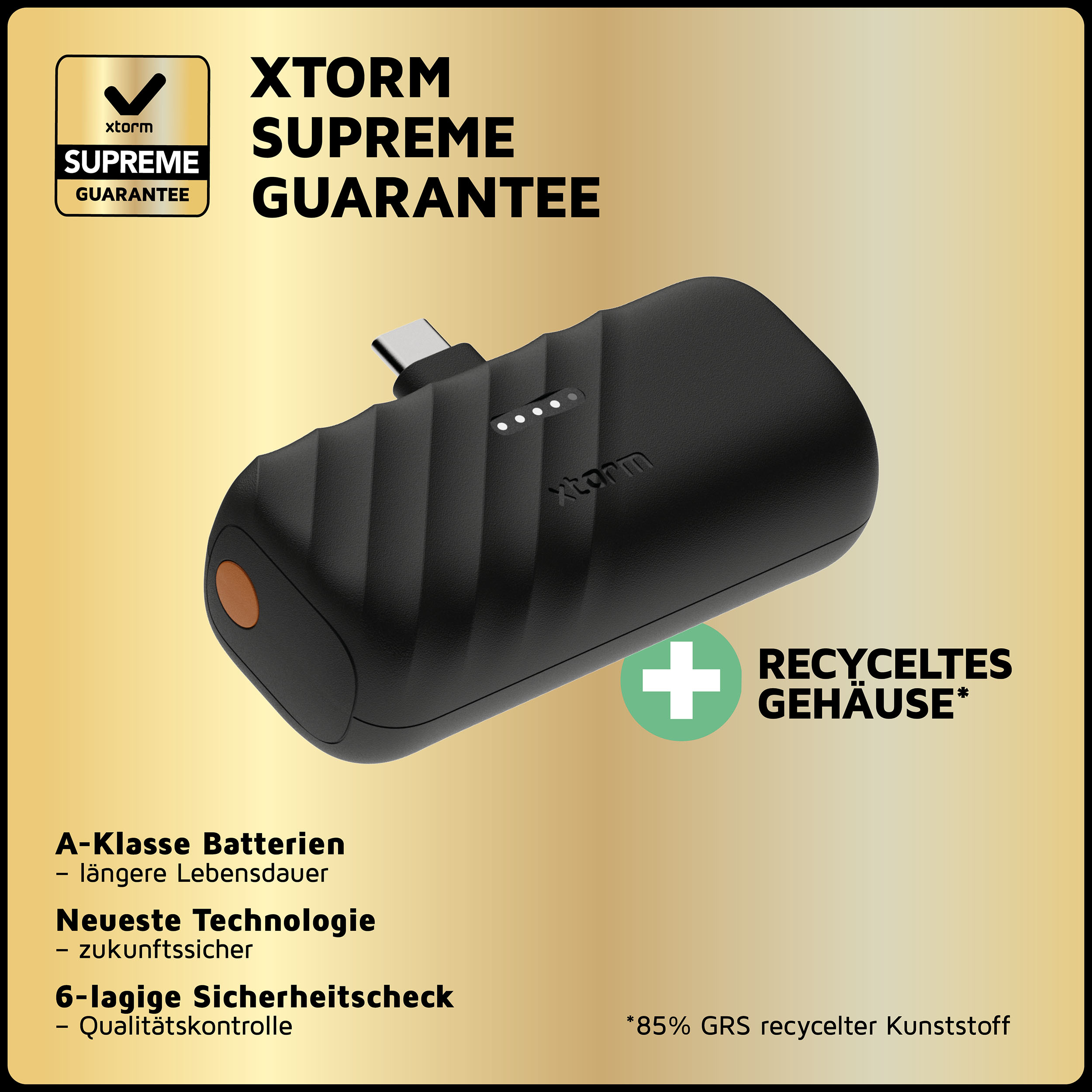 Batterie externe XTORM noire avec logo et texte "Supreme Guarantee". Boîtier recyclé.