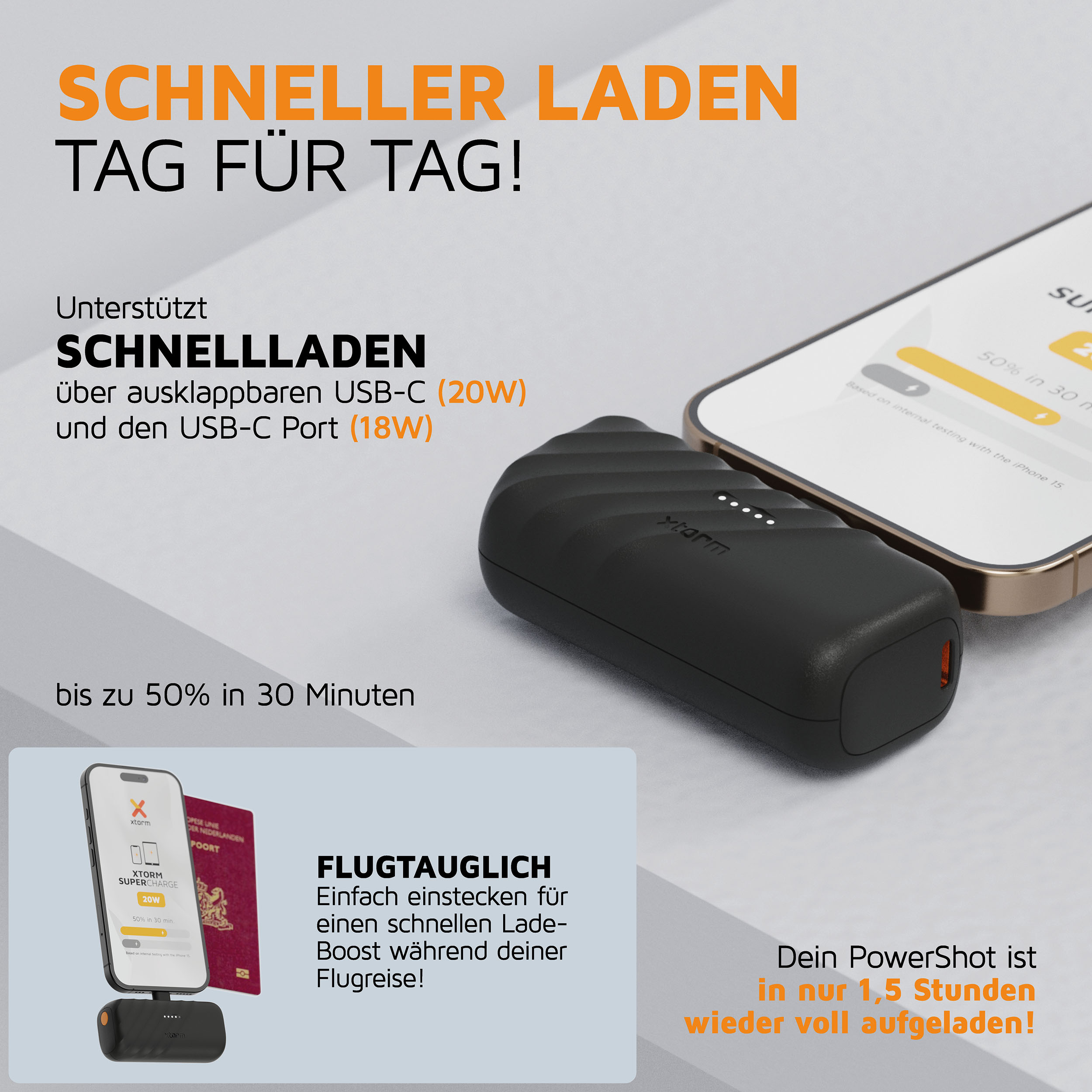 Un chargeur Xtorm PowerShot noir à côté d'un iPhone et d'un passeport.