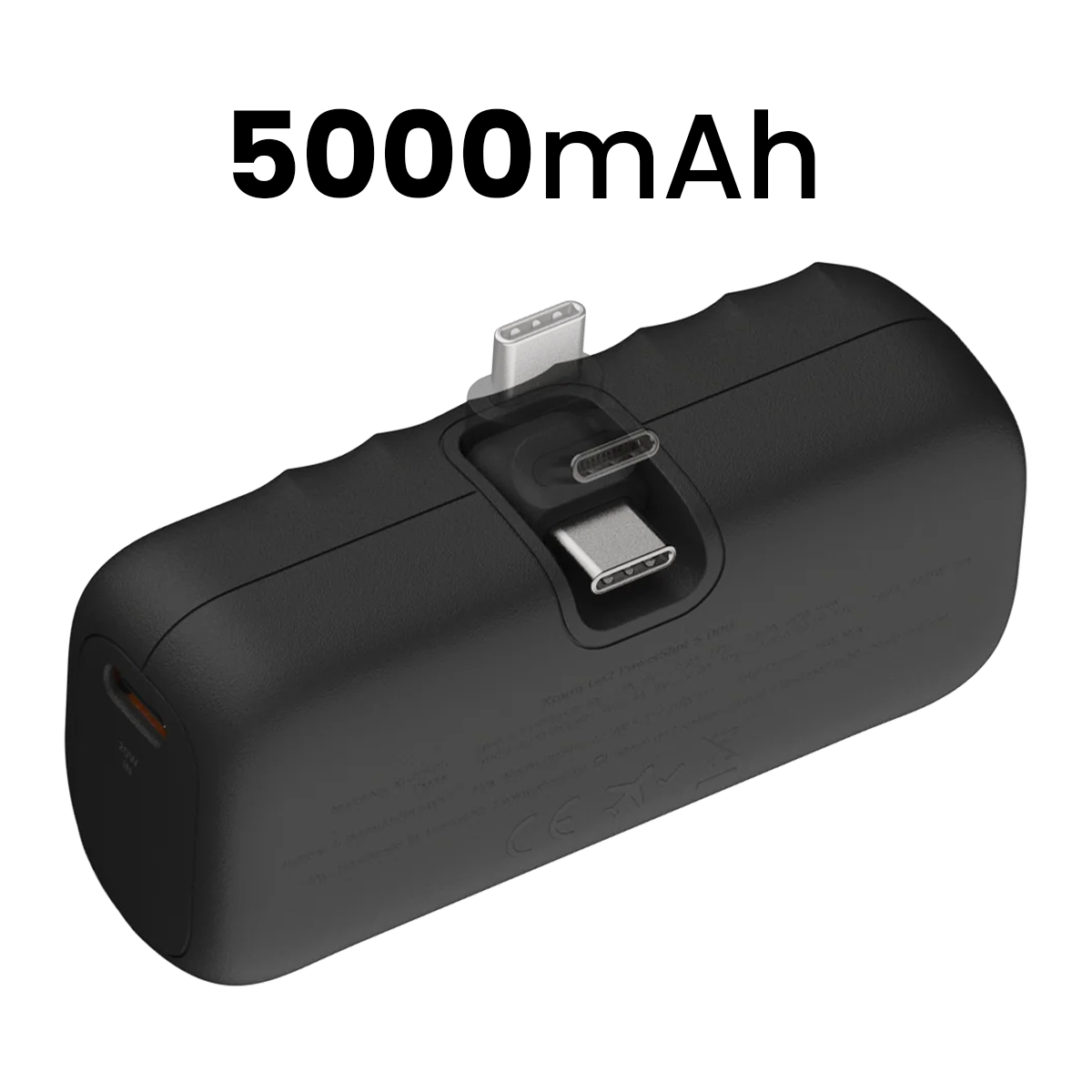 Batterie externe noire 5000mAh avec deux ports USB-C et un câble intégré.