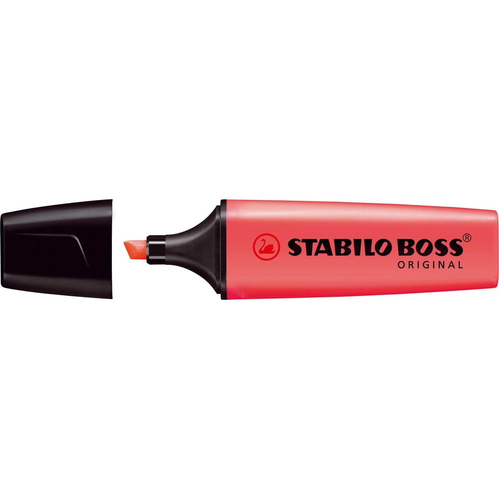 Un evidenziatore Stabilo Boss rosso con cappuccio nero e punta arancione.