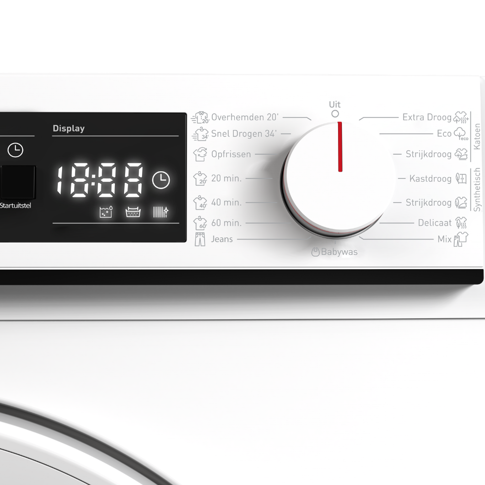 Wasmachine display met programma keuzeknop en draaiknop. Tijd wordt weergegeven.