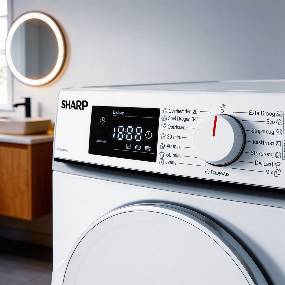 Een witte Sharp wasmachine met digitaal display en draaiknop.