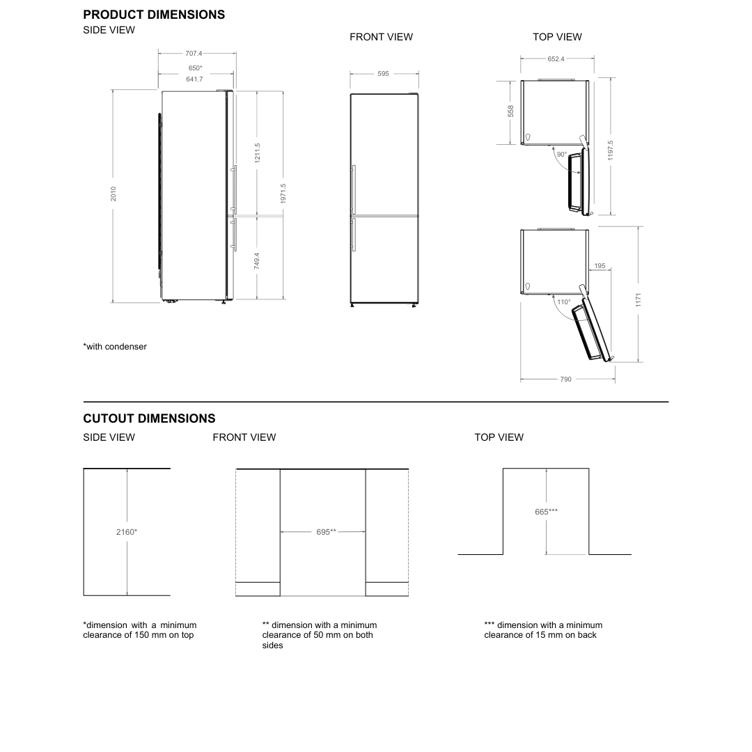 Disegni tecnici di un frigorifero con dimensioni e ingombri.