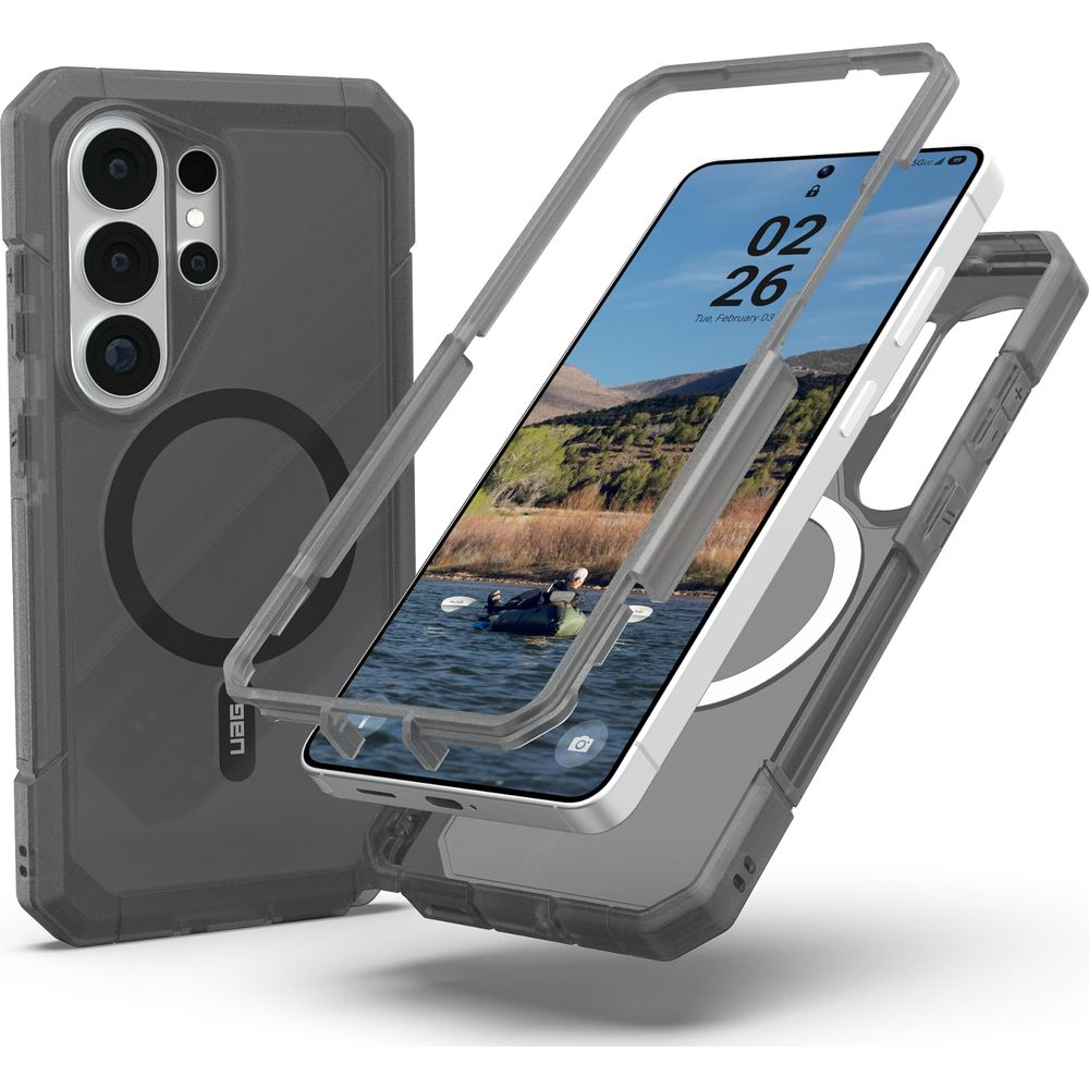 Graue Handyhülle mit transparenten Elementen und einem Smartphone, das ein Kanu auf dem Wasser zeigt.