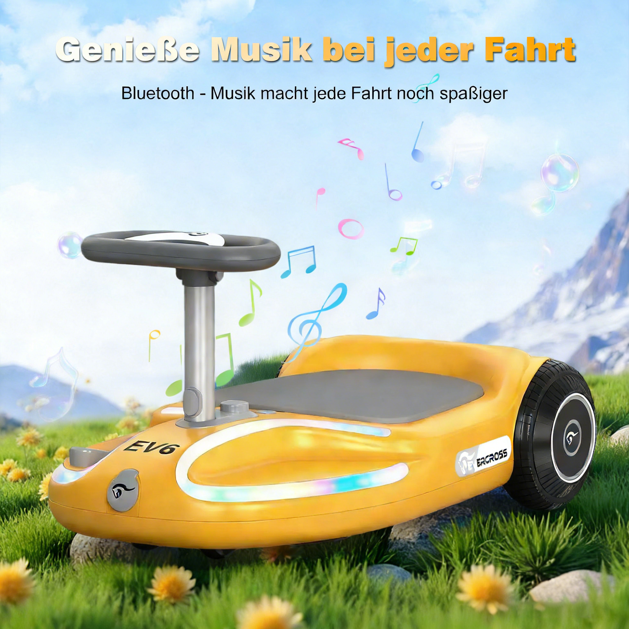 Ein gelbes Kinderfahrzeug mit Lenkrad steht auf Gras. Musiknoten schweben.