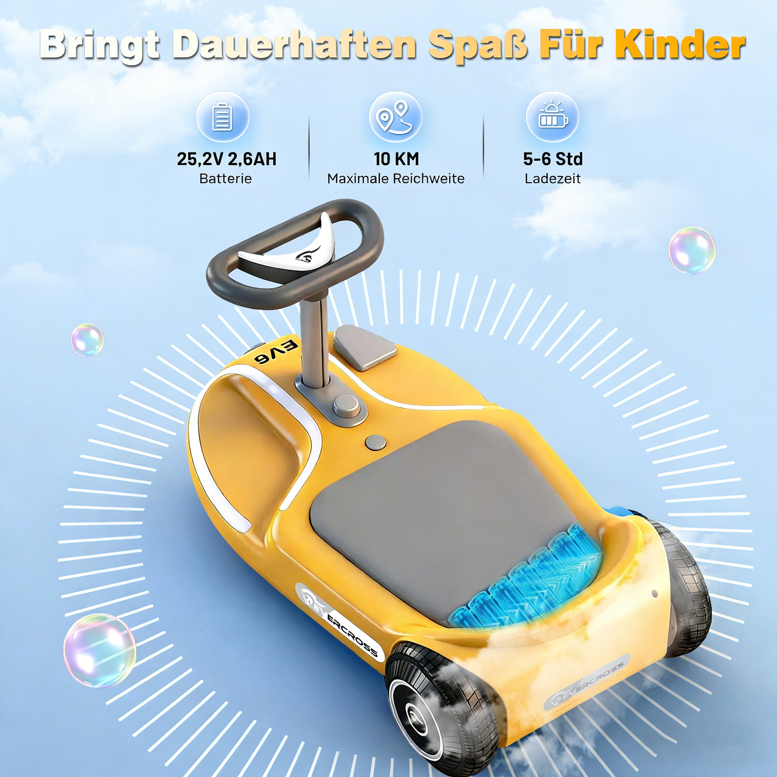 Gelbes Kinderfahrzeug mit Lenkrad, Gittermuster und Seifenblasen.