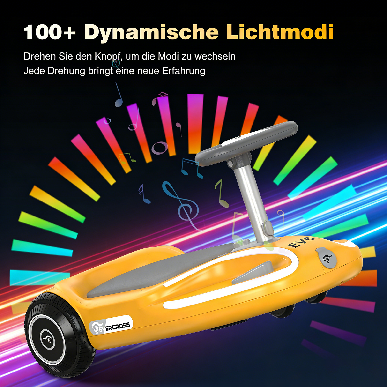 Ein gelber Hoverboard-Scooter mit Lichteffekten und Musiknoten.