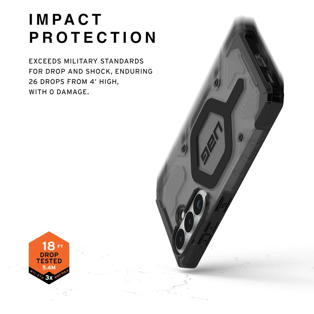 Custodia nera robusta per telefono con logo UAG, testata caduta 5,4m, standard militari.