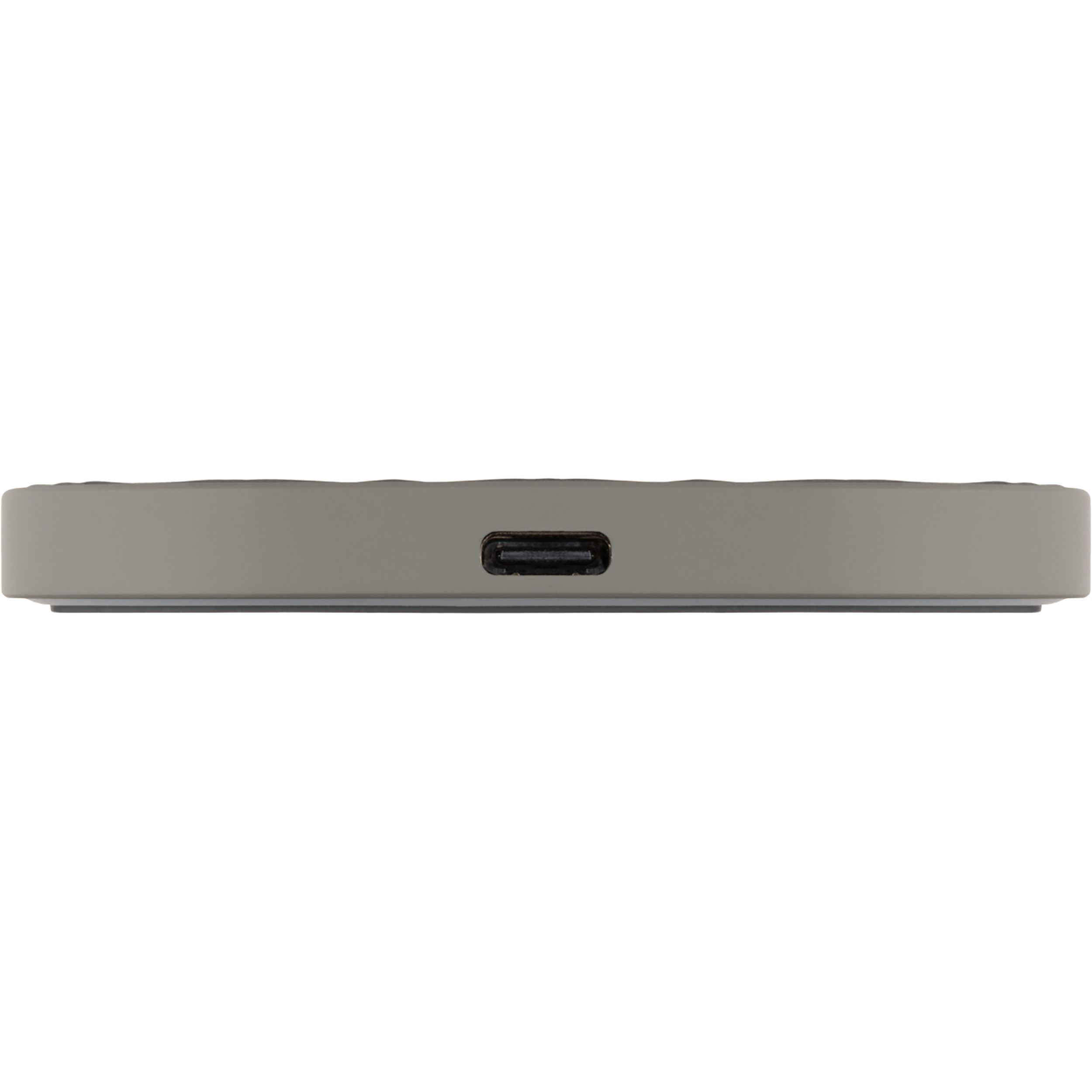 Graues, rundes Gerät mit USB-C-Anschluss.