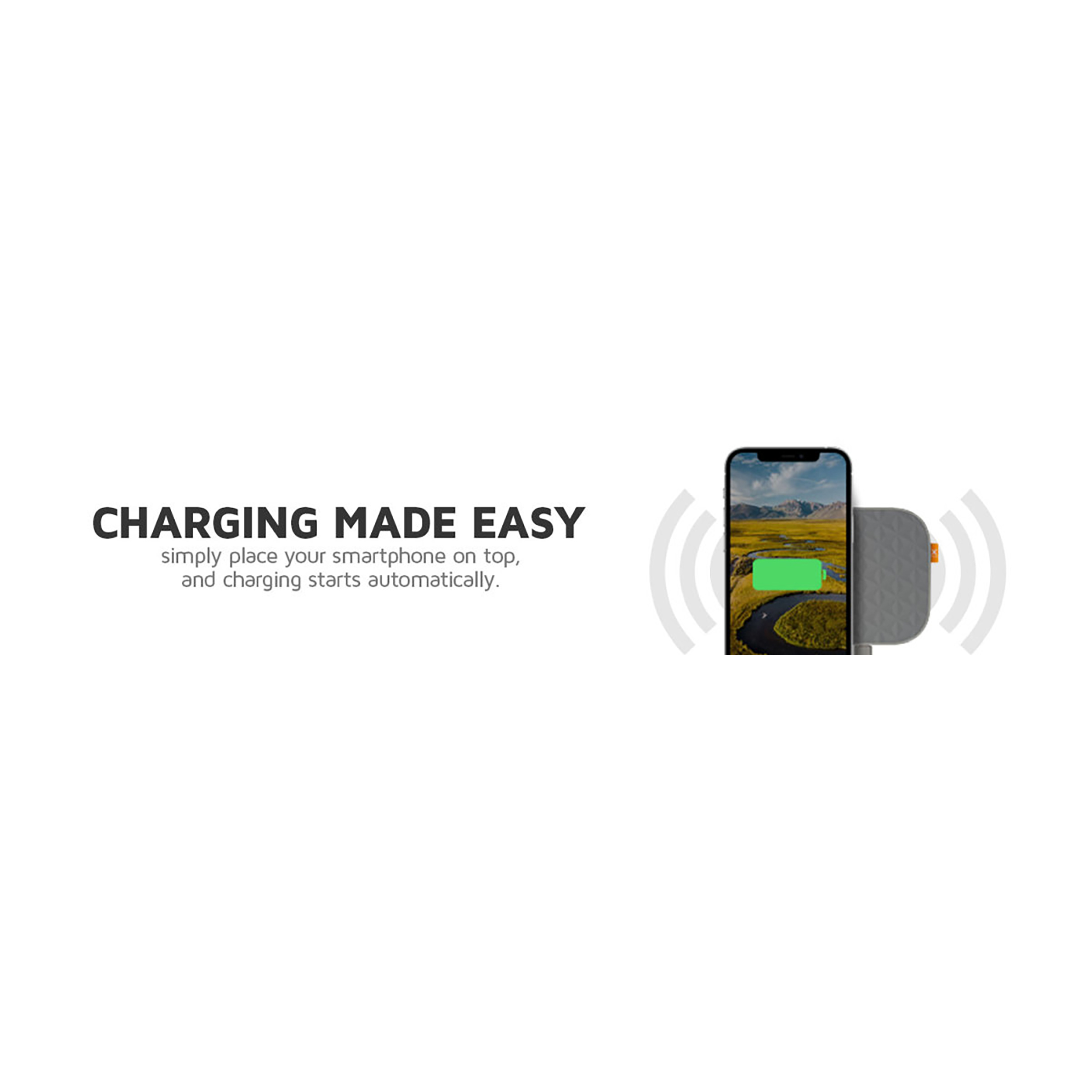 Ein Smartphone mit voller grüner Batterie wird drahtlos geladen.