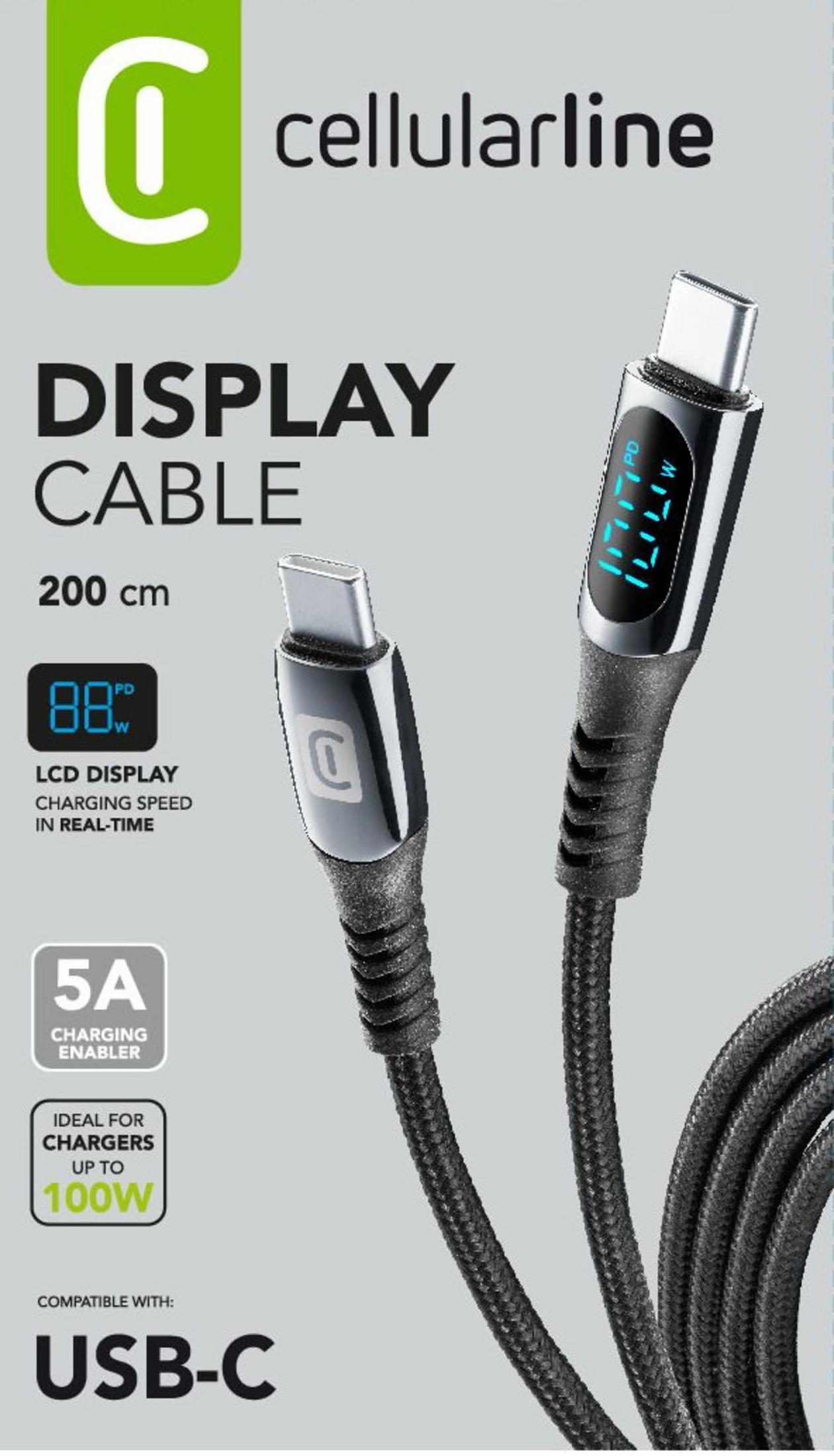 Un cavo USB-C nero con display digitali sui connettori.