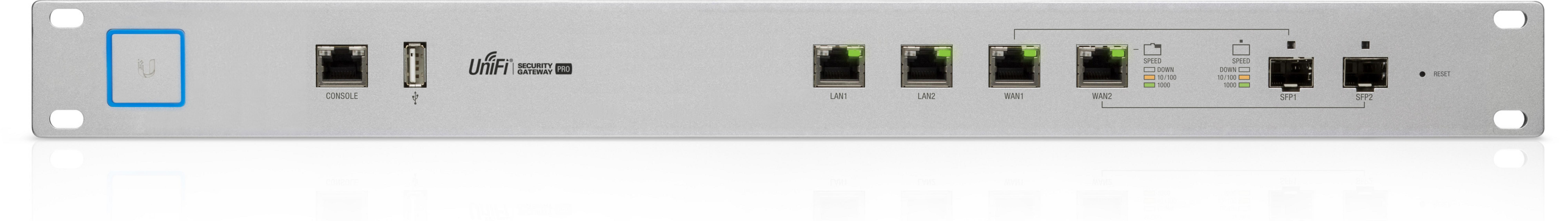 Dispositivo di rete argentato con porte: Console, USB, LAN1-2, WAN1-2, SFP1-2.