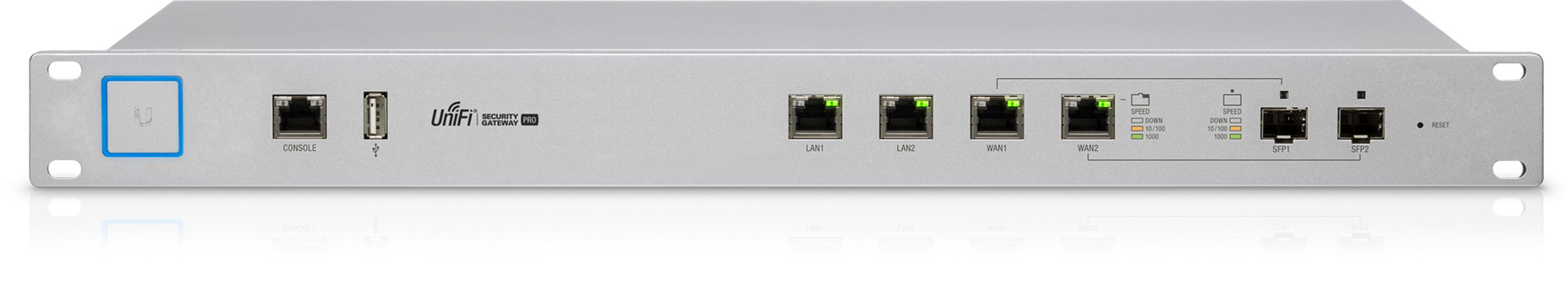 Un UniFi Security Gateway Pro argentato con porte: Console, USB, LAN1, LAN2, WAN1, WAN2, SFP1, SFP2.