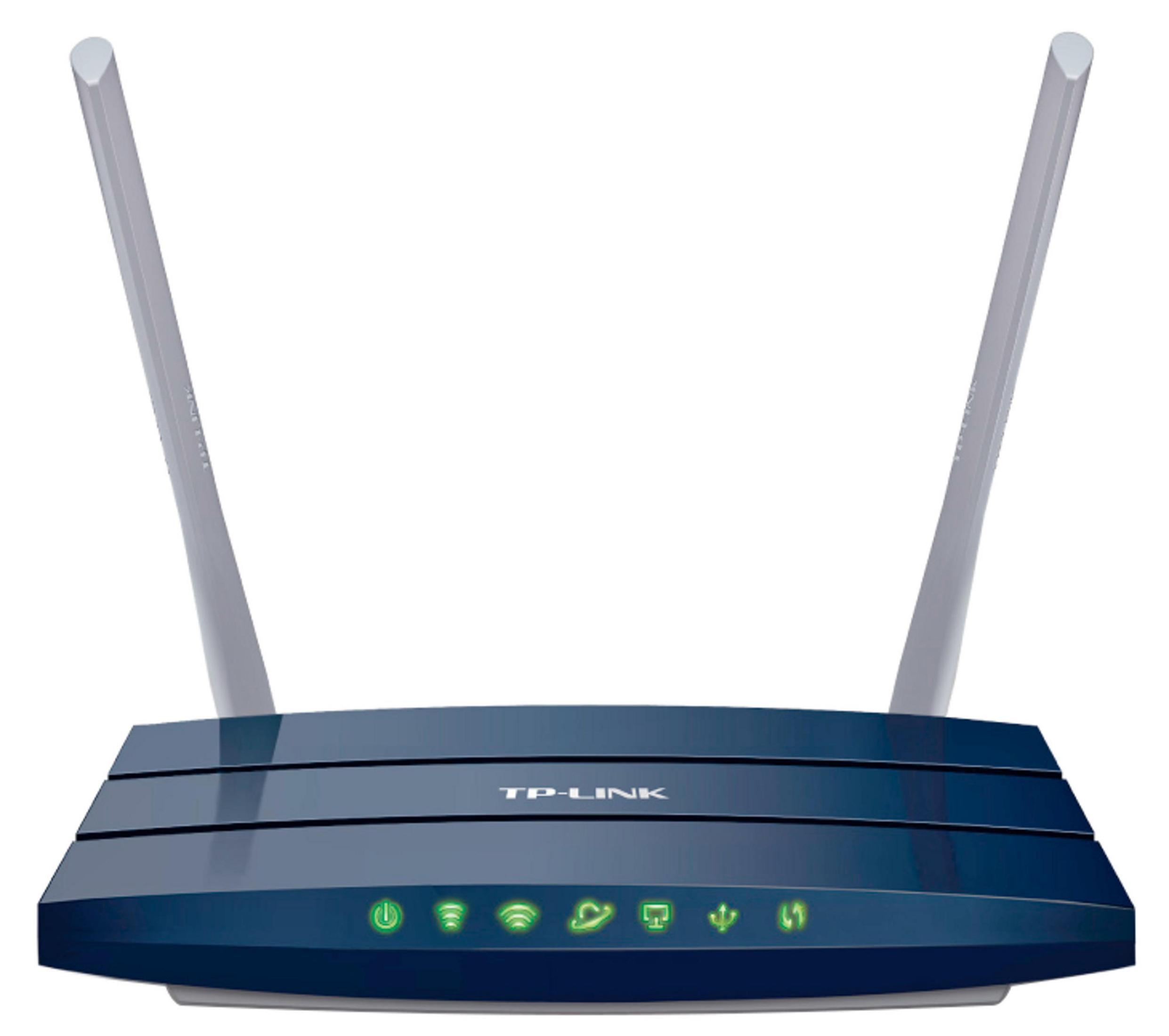 Niebieski router TP-Link z dwiema antenami i podświetlonymi zielonymi diodami LED.