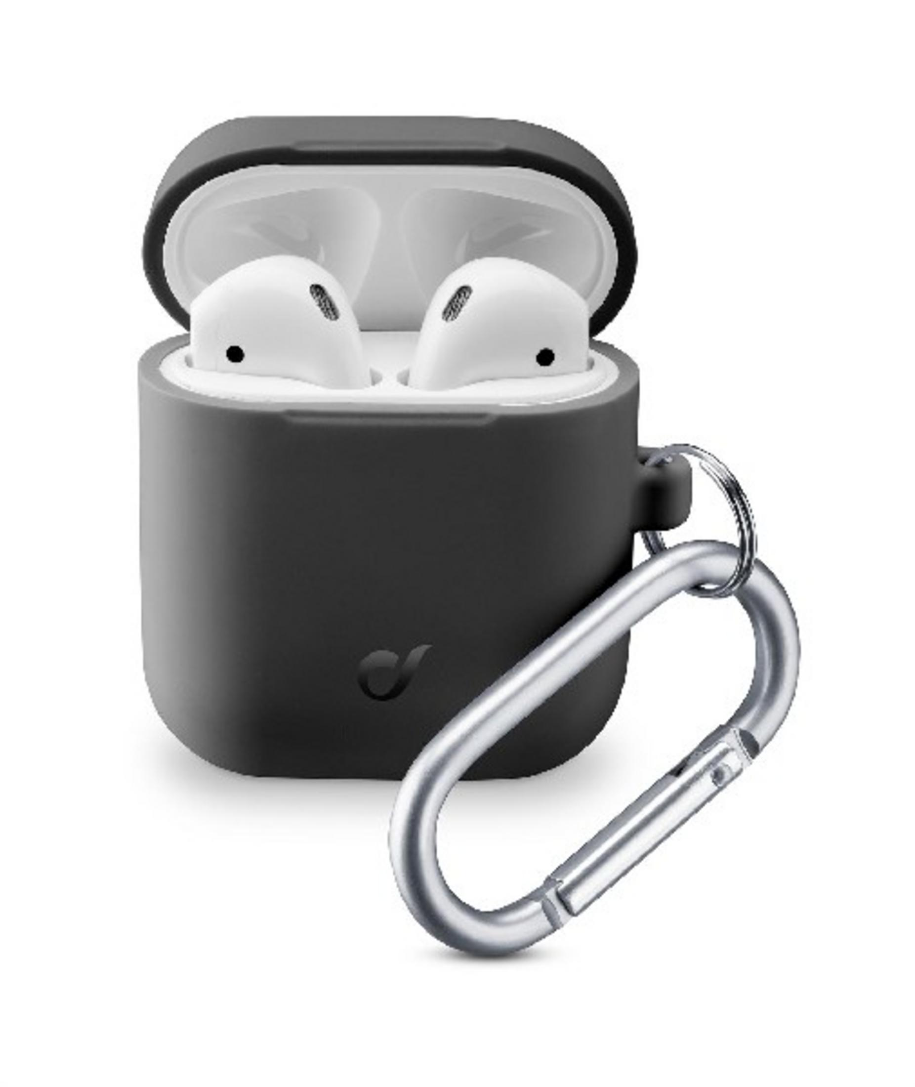 Funda gris con auriculares blancos y clip de mosquetón.
