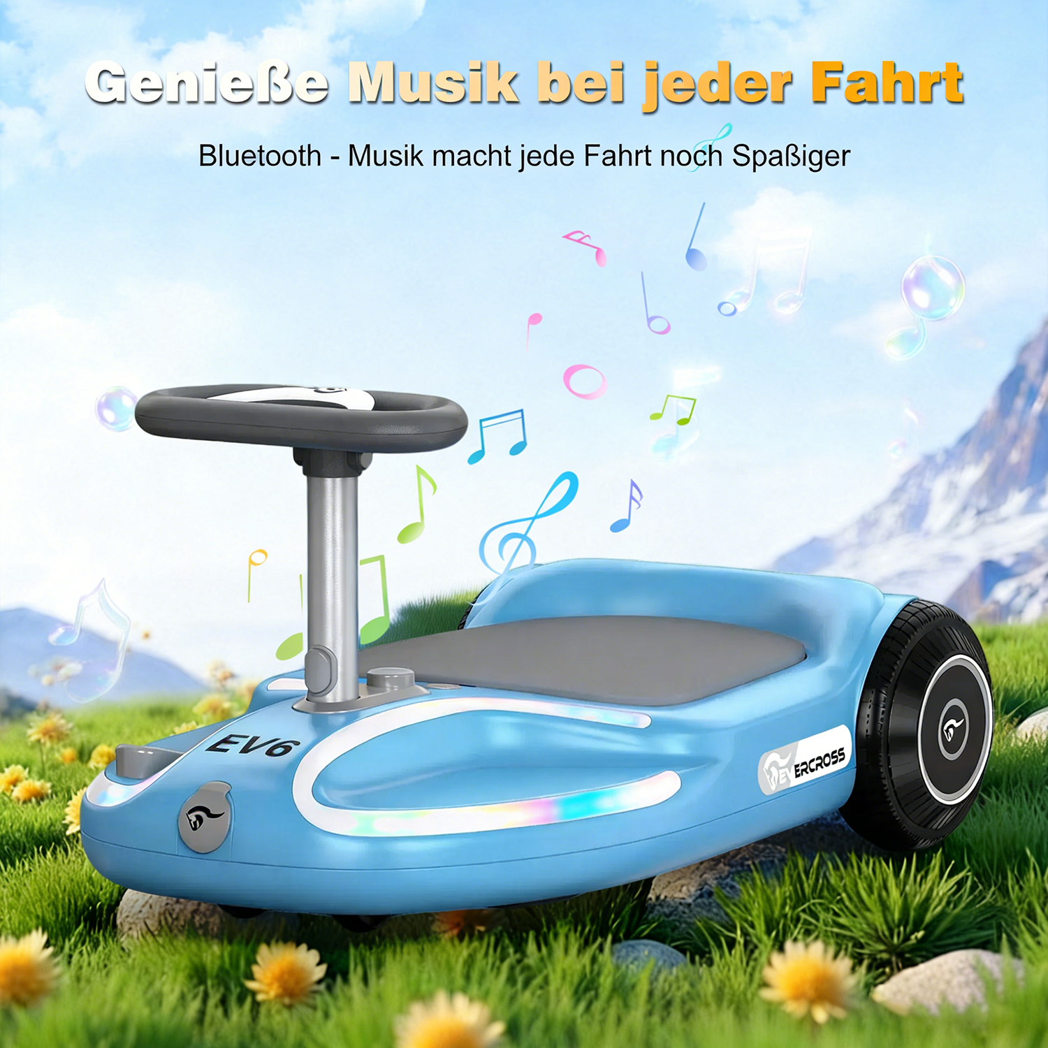 Ein blaues Kinderfahrzeug mit Lenkrad und Musiknoten in der Luft.