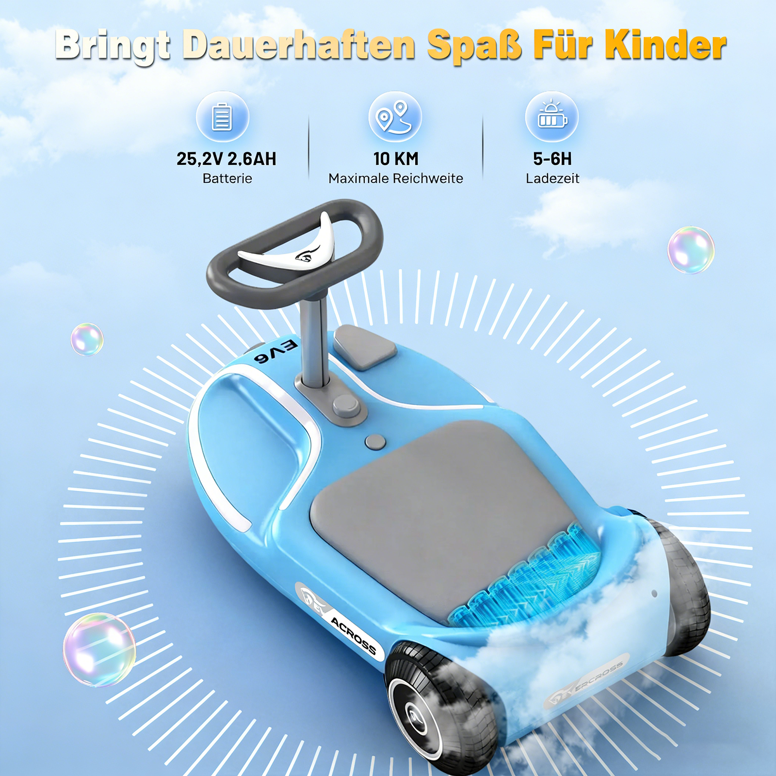 Blaues Kinderfahrzeug mit Lenkrad, Sitz und Rädern. Icons für Batterie, Reichweite und Ladezeit.