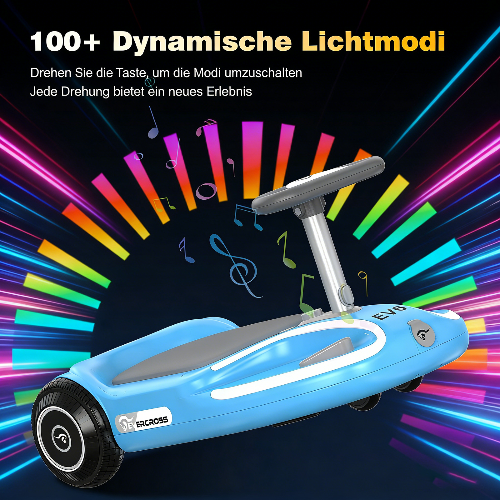 Ein blaues Elektrofahrzeug mit Lenker vor einem bunten Lichteffekt.
