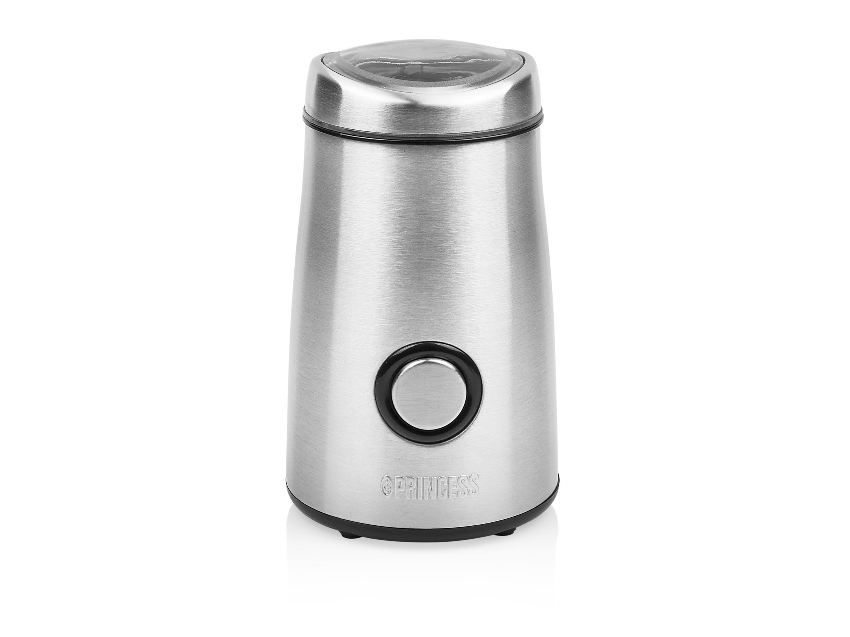 Srebrny elektryczny młynek do kawy z czarnym przyciskiem i pokrywką.