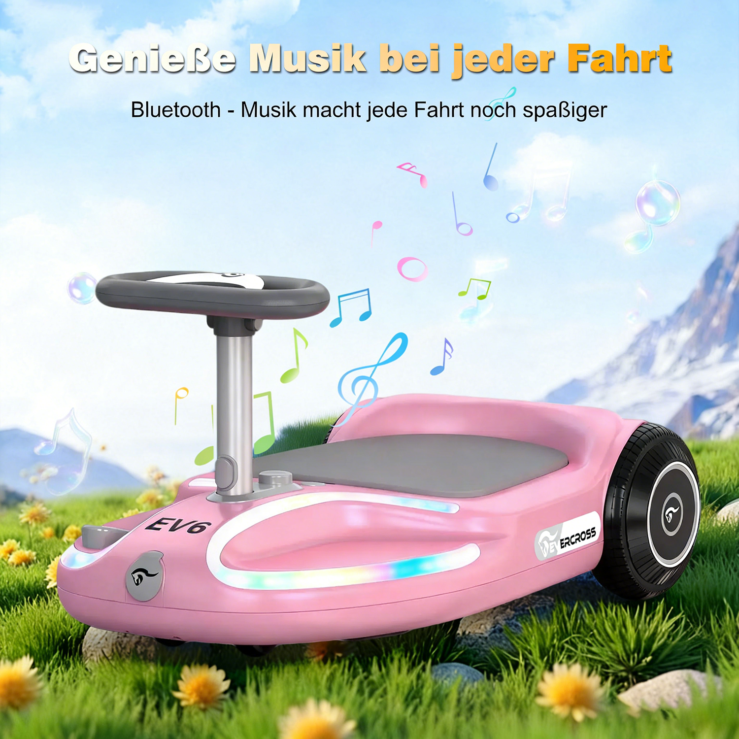 Ein rosafarbenes Kinderfahrzeug mit Lenkrad und Musiknoten.