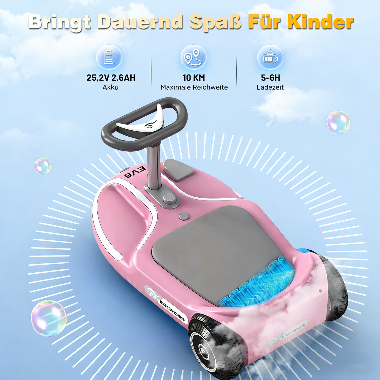 Ein rosafarbener Kinder-Fahrwagen mit Lenkrad und Aufklebern.