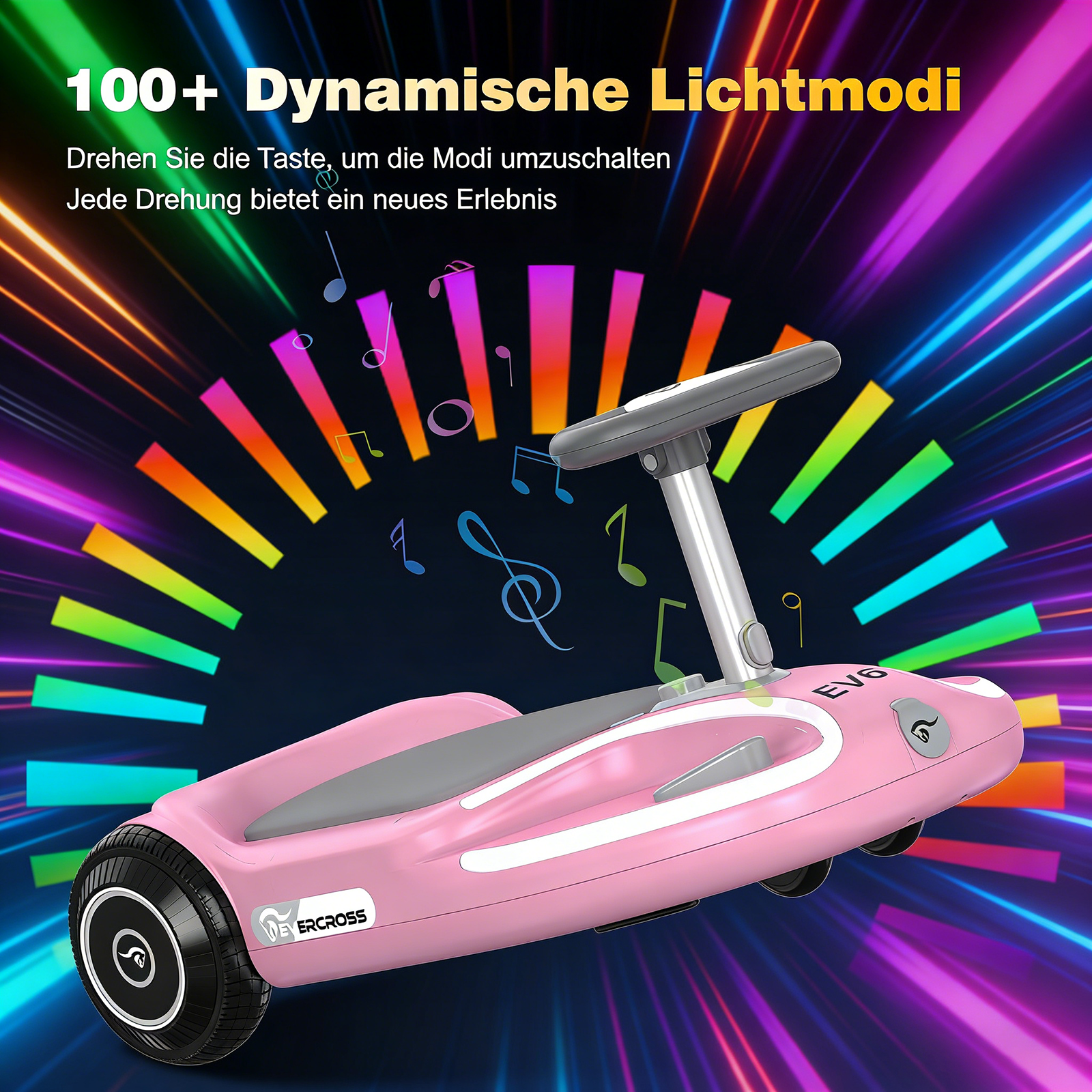 Pinkes Hoverboard mit Lenker auf buntem Lichtstreifen- und Notenhintergrund.
