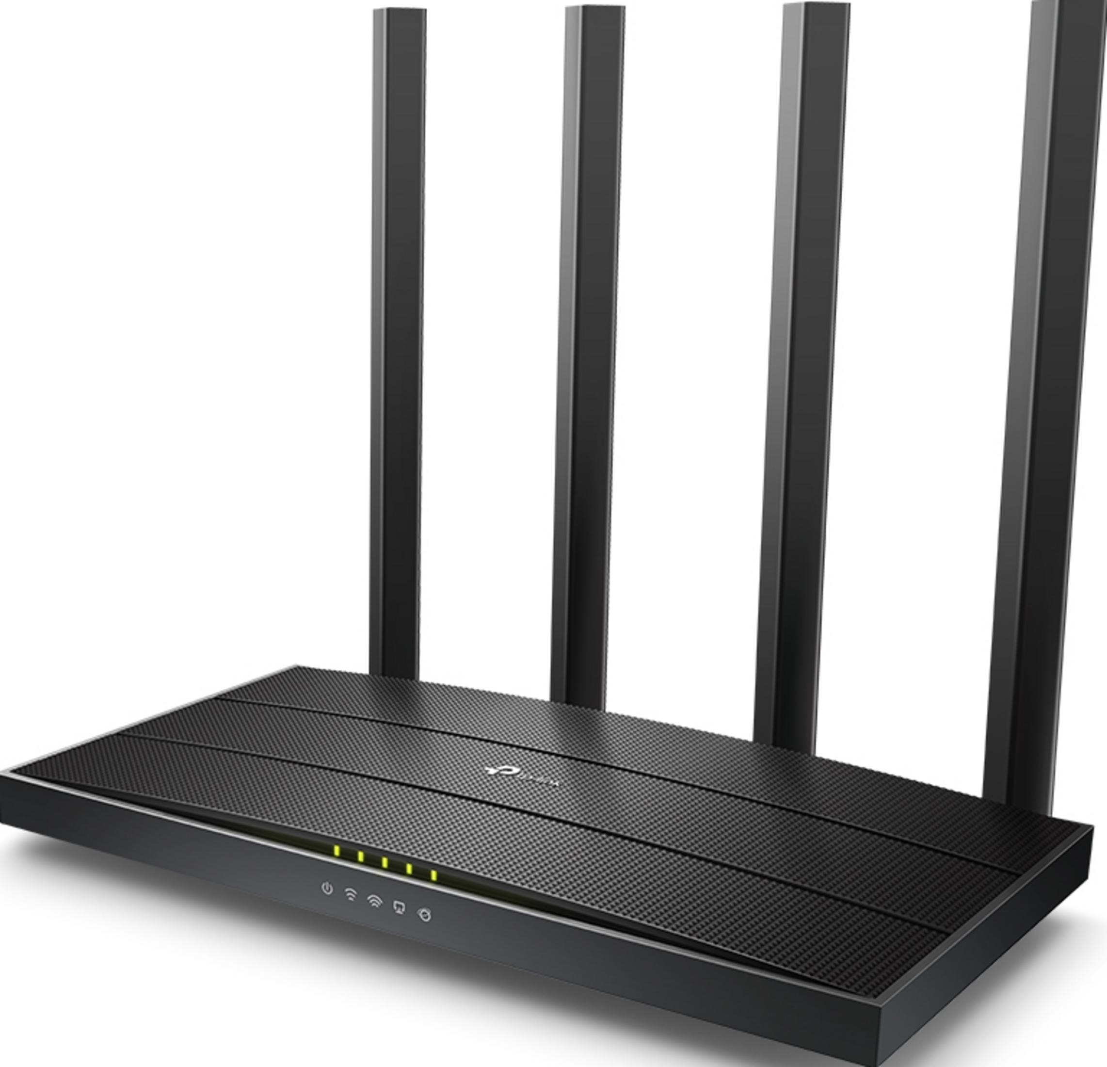 Czarny router z czterema antenami i podświetlonymi wskaźnikami.