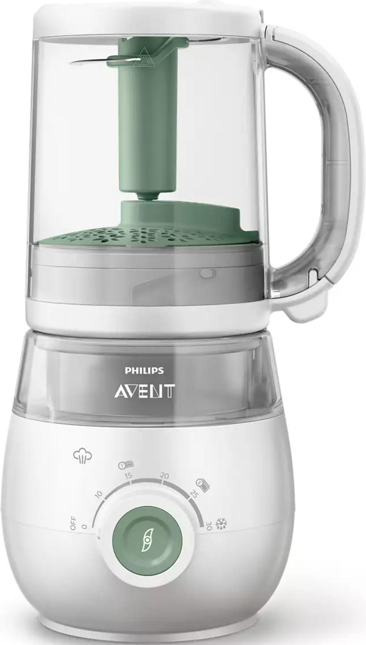 Un robot per alimenti per bambini Philips Avent bianco con inserto verde e contenitore trasparente.