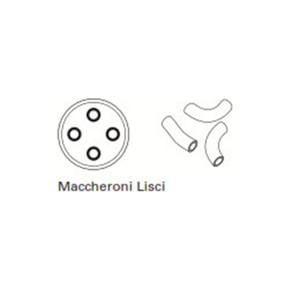 Illustration de Maccheroni Lisci avec un cercle à quatre trous et trois pâtes individuelles à côté.